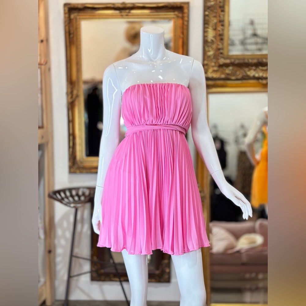 Pleated Pink Strapless Fit And Flare Mini Dress